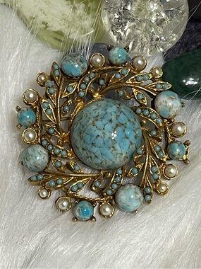 Vintage Turquoise Pearl Brooch